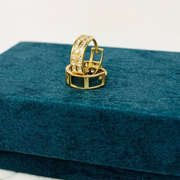 10K Huggies Hoop Earrings Double Line With CZ 12mm Argollas Arracadas Oro Real - Picture 1 of 4